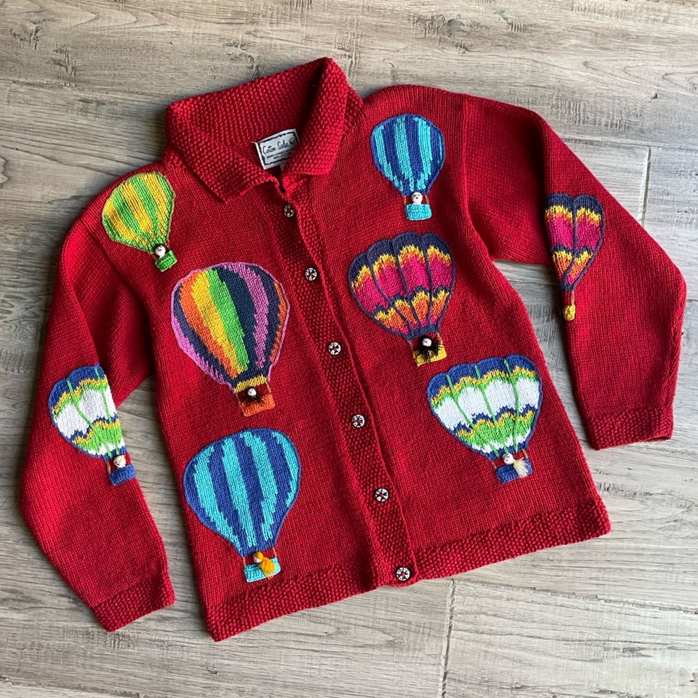 Cotton Salsa 100% Cotton Colorful Hot Air Balloon Sweater Button Up Front SZ M